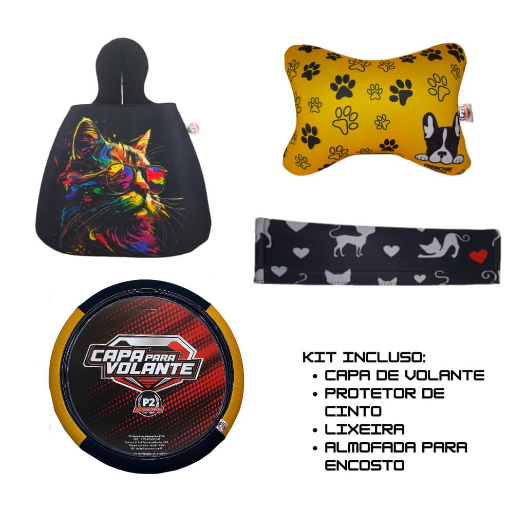 Kit Conforto em Neoprene - Acessórios em Capa de Volante, Protetor de Cinto, Lixeira e Almofada para Carro