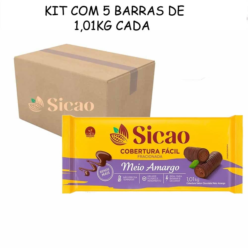 Kit 5 Cobertura Fácil Fracionada M Amargo Barra 1,01kg Sicao