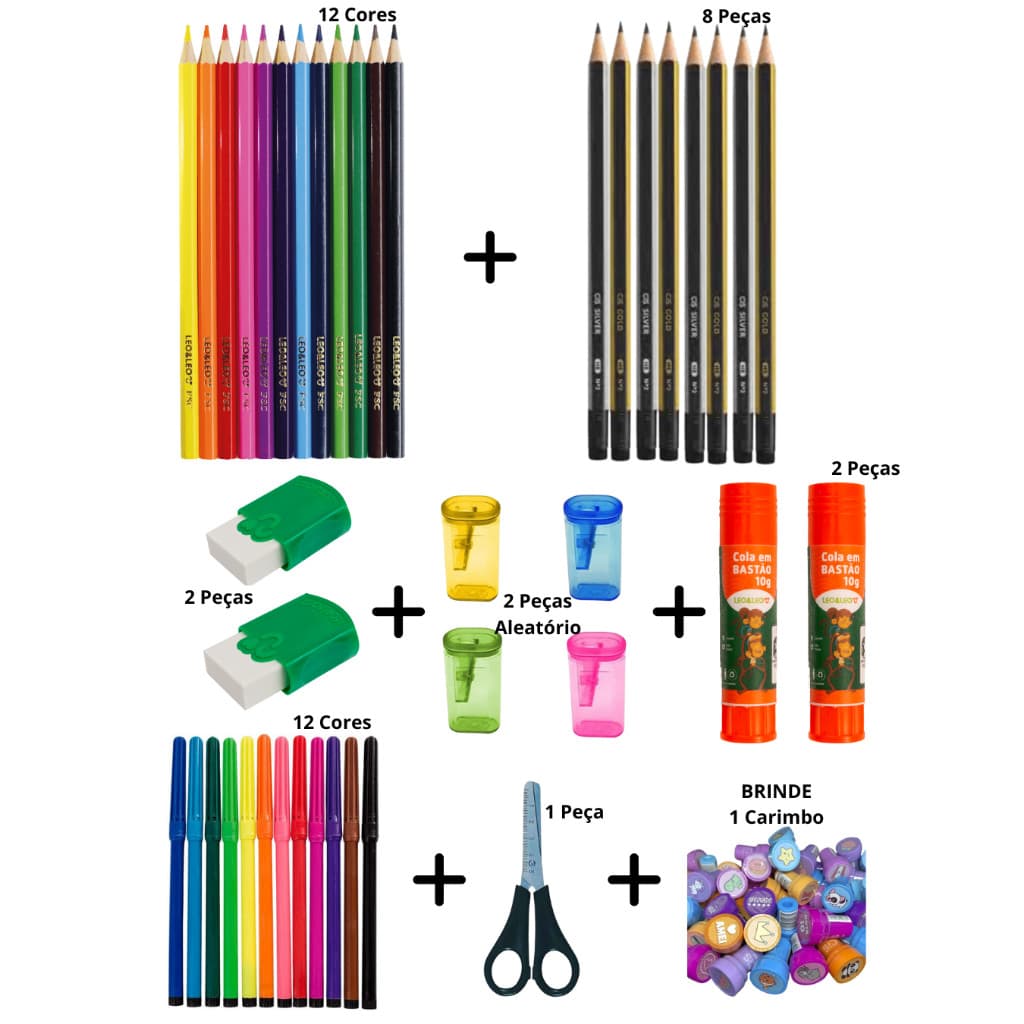Kit Material Escolar Com Borracha E Cola Bastão E Apontador E Caneta Hidrográfica E Tesoura