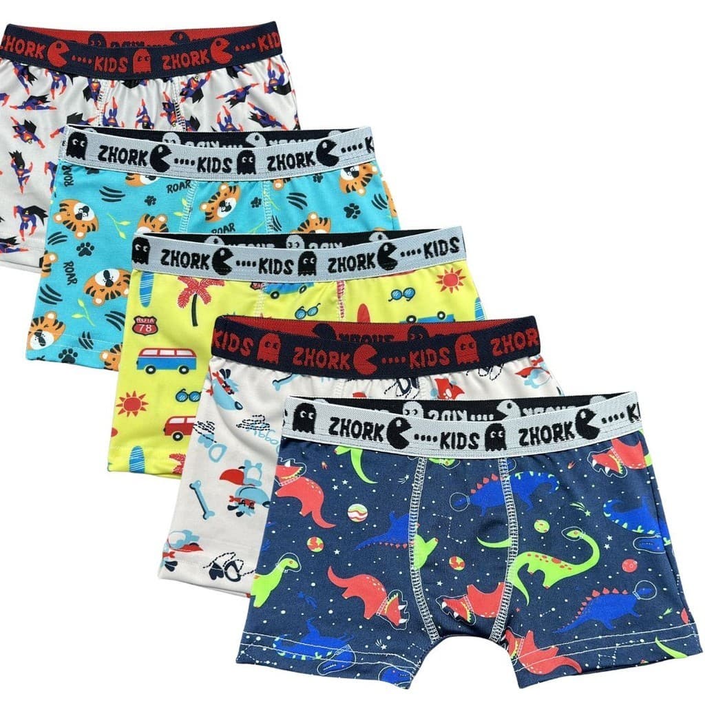 Kit 5 Cuecas Box Microfibra Forro 100% algodão 4 ao 8 Boxer Infantil Estampas Sortidas
