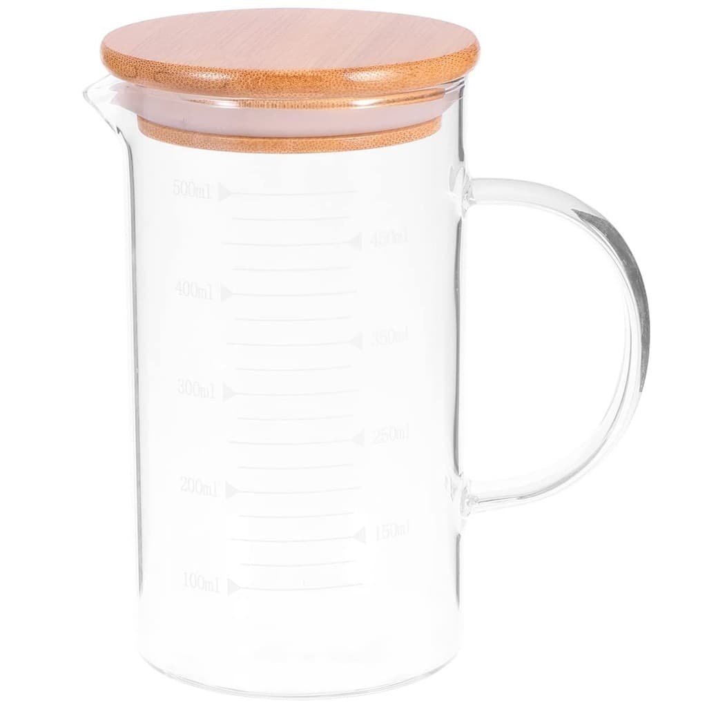 Jarra De Vidro Com Tampa De Bambu 500ml Medida Sucos Leite Água Copo Leiteira Chás Bebidas Suco Café
