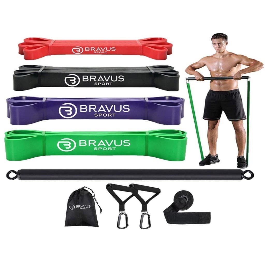 MEGA Kit 4 Super Bands com Alças de Mão, Âncora de Porta e Barra de Exercícios