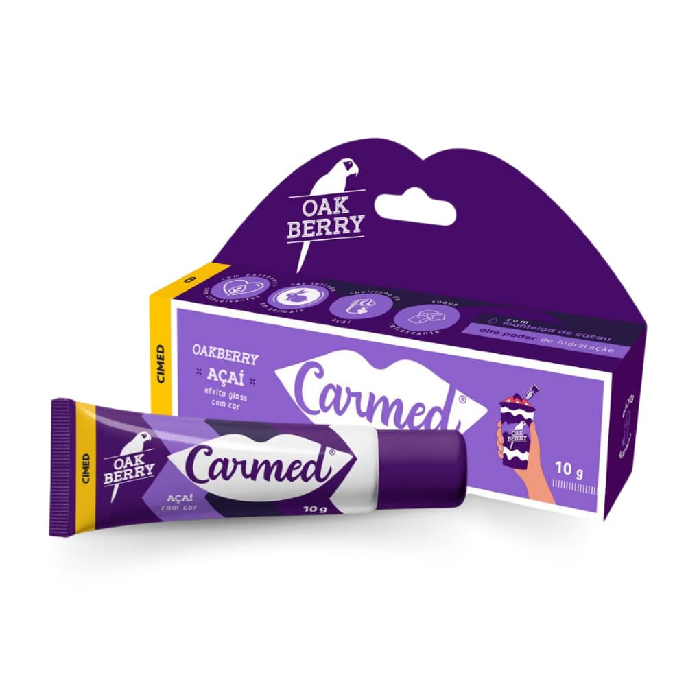 Carmed Açai Hidratante Labial Roxo 10g Cimed Oak Berry Efeito Gloss Lábio Refrescante Proteção