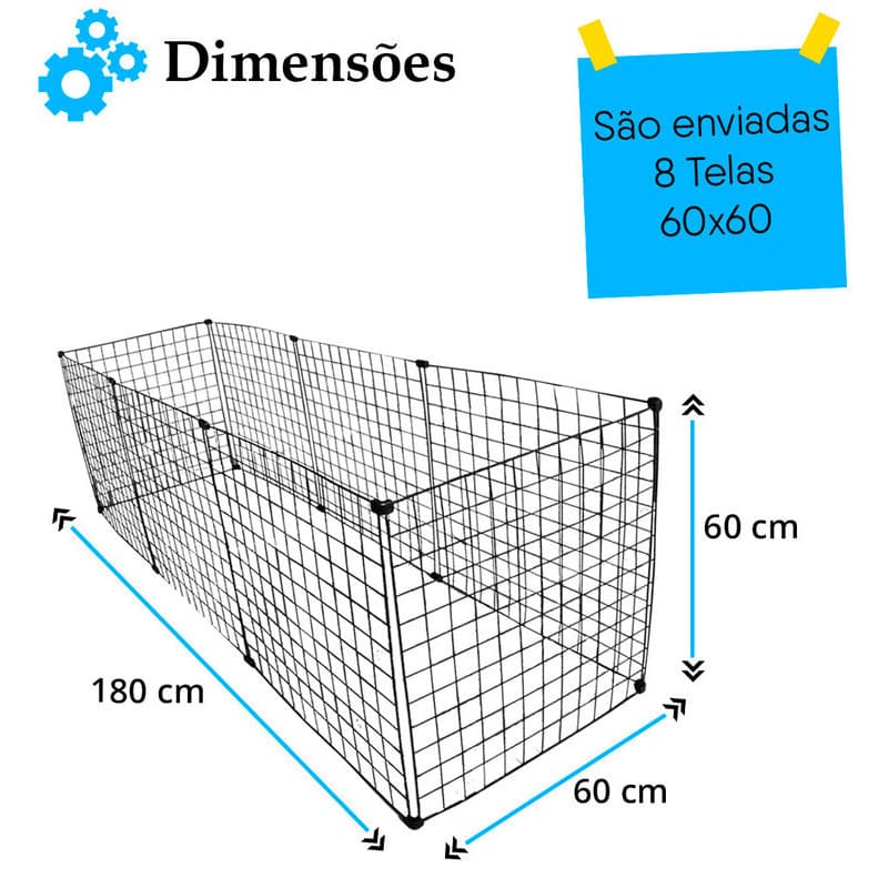 Cercadinho Móvel Pet Cachorro, Coelho 8 Telas Aramada 180x60