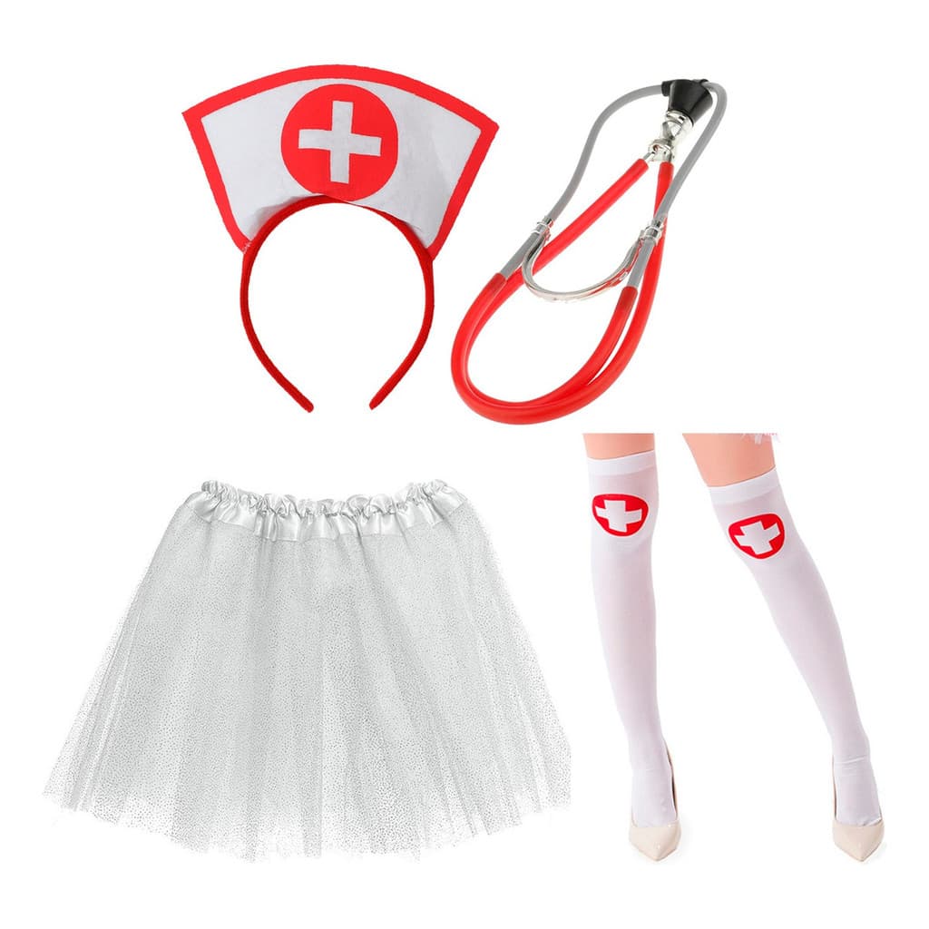 Kit Fantasia Enfermeira Para Carnaval 4 Pç Saia Tiara Meia