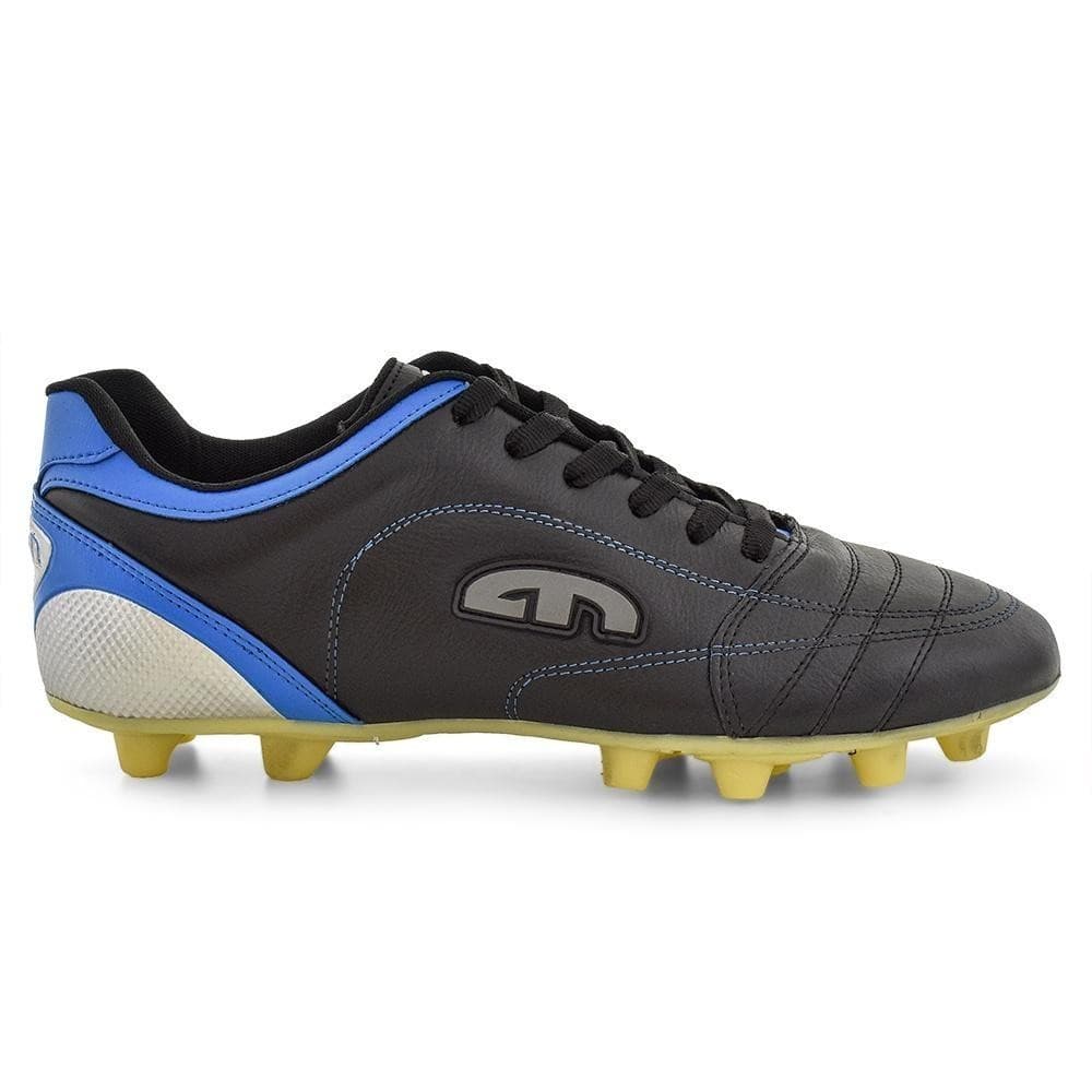 Chuteira Couro EGM Masculina EGM Flex Trava Fixa Preta e Azul