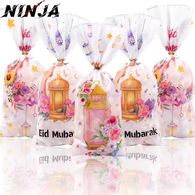 50 Unidades Saco De Doces Eid Mubarak-Desenhos Animados Estrelas Luas Rosa Impressão PP Bolsa De Embalagem-Presentes Ram