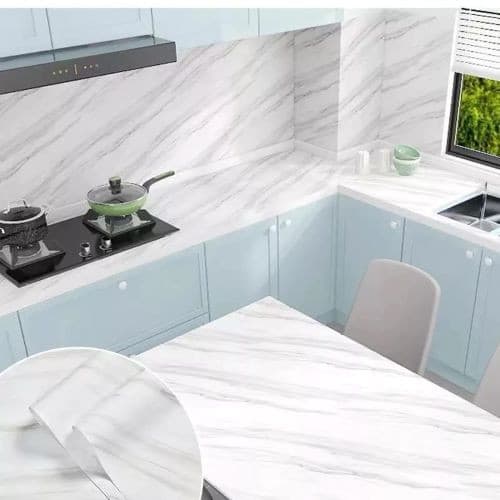 Papel de parede Adesivos para cozinha Mármorizado branco azulado 60cmx3m