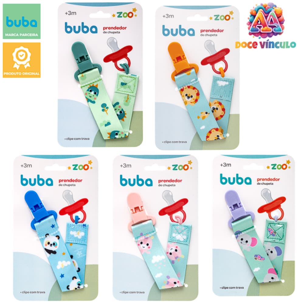 Prendedor de Chupeta Buba Zoo Leão Dino Unicornio Panda Elefante Clip com Trava