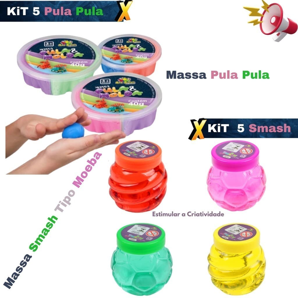 Slime com Supresa Massinha Diferente Combo 5 Massa Pula + 5 Massa Smash - Diversão Garantida