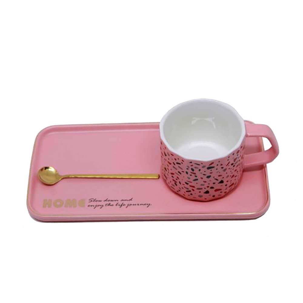 Kit Xícara c/Travessa Porcelana Granulite Rosa Home e Colher