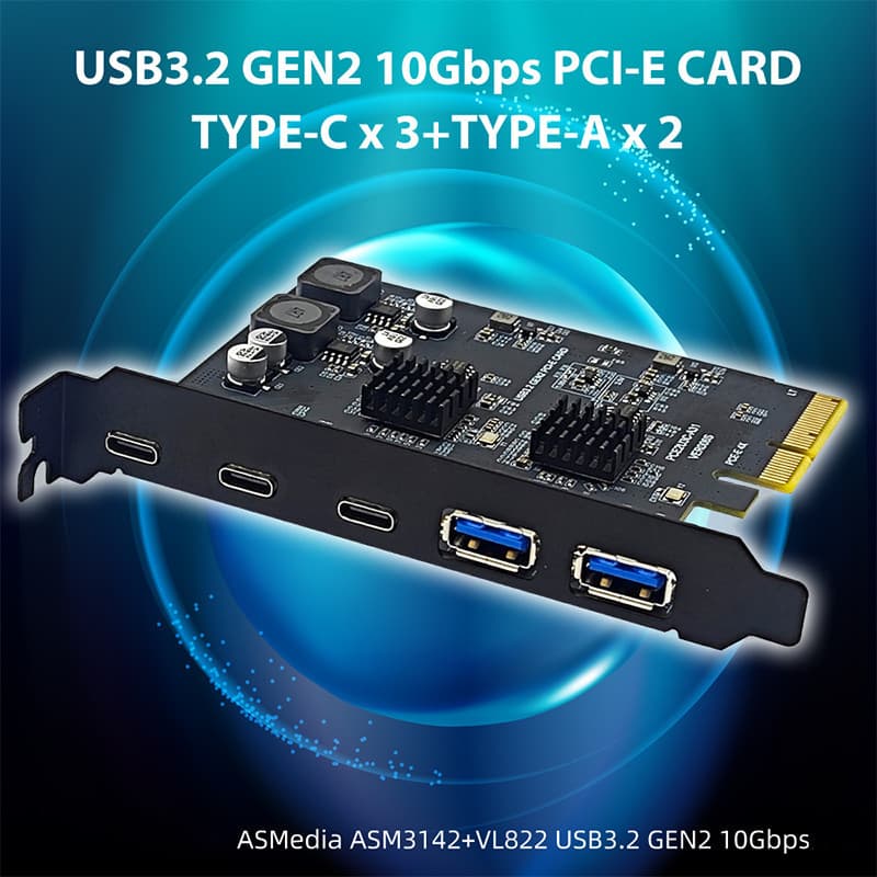 Novo PCI Express X4 Para 3 Portas Tipo C + 2 USB3.2 Gen2 10Gbps Adaptador ASM3142 + VL822 Chip PCIE Placa De Expansão US