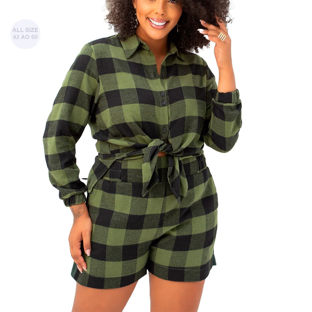 Shorts Flanelado Xadrez Feminino Plus Size CURTO Inverno Conforto cintura alta com bolsos tamanhos do 42 ao 60