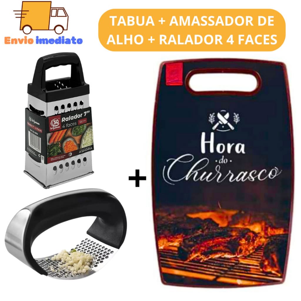 Kit 3 1 Tabua de Carne 1 Amassador de Alho 1 Ralador 4 Faces de Cozinha para Carne Legumes Salada Comida Churrasco
