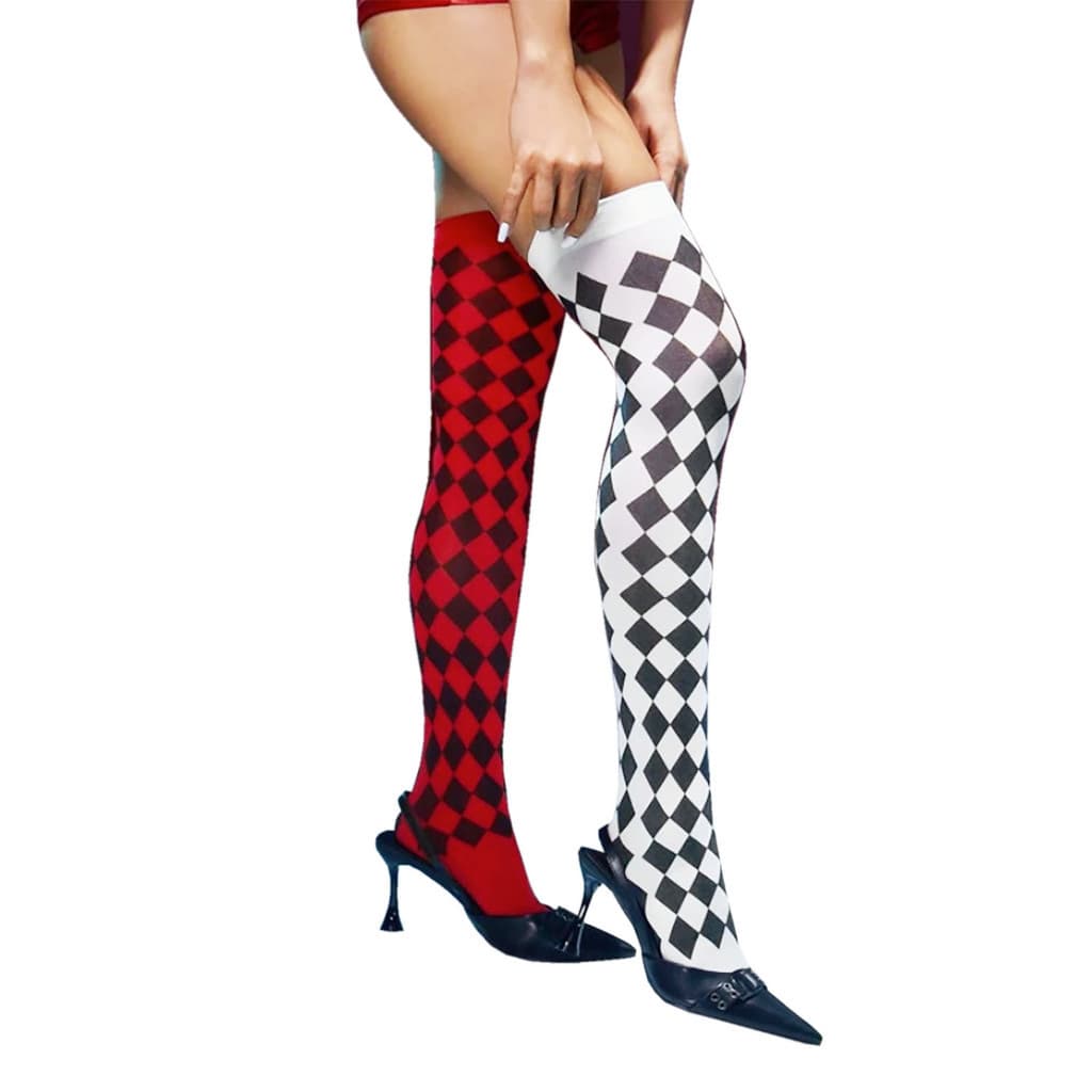Meia 7/8 Rainha de Copas Losango Quadriculado Xadrez - Festa Fantasia Cosplay Carnaval