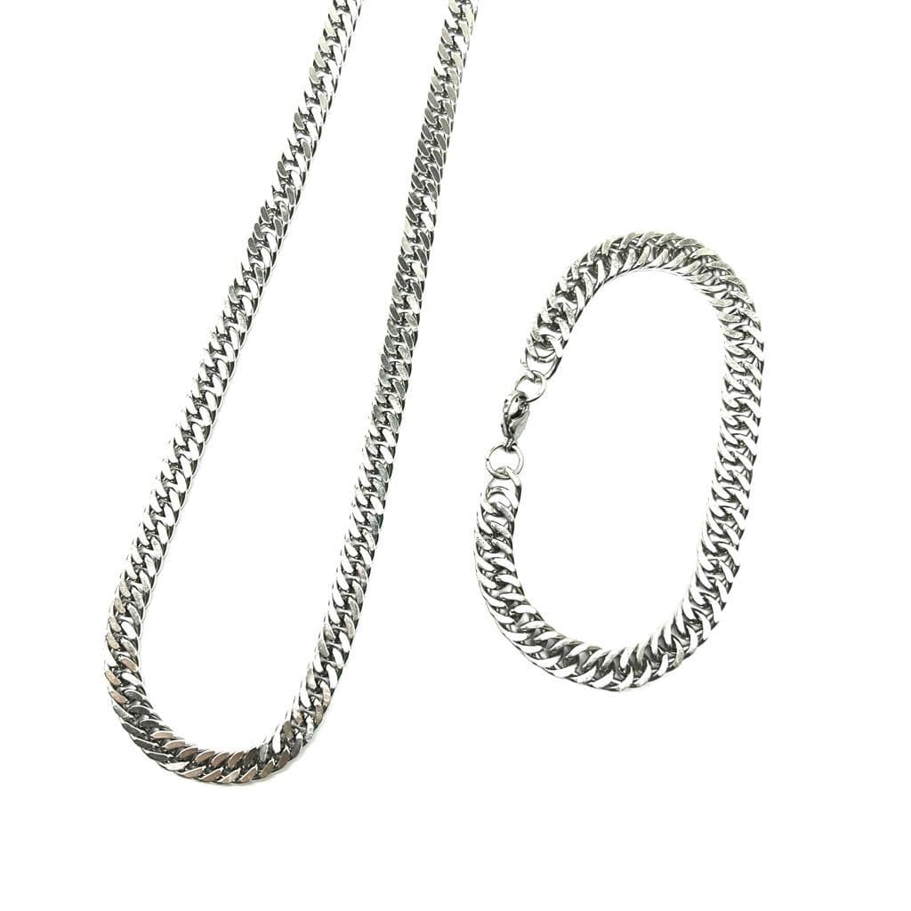 Exclusivo Kit Cordão Corrente e Pulseira 60cm Barato Aço Inox Masculino Grossa Prateado Elo Duplo