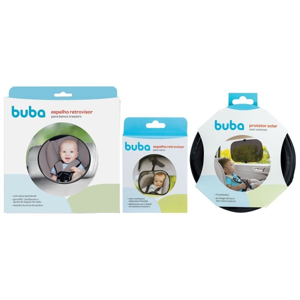 Kit Espelho Retrovisor Redondo Banco Traseiro Bebê Conforto Cadeirinha Carro, Espelho Retrovisor Dianteiro Pequeno Fixação Ventosa ou Clipe e Kit Protetor Solar com Ventosas Buba