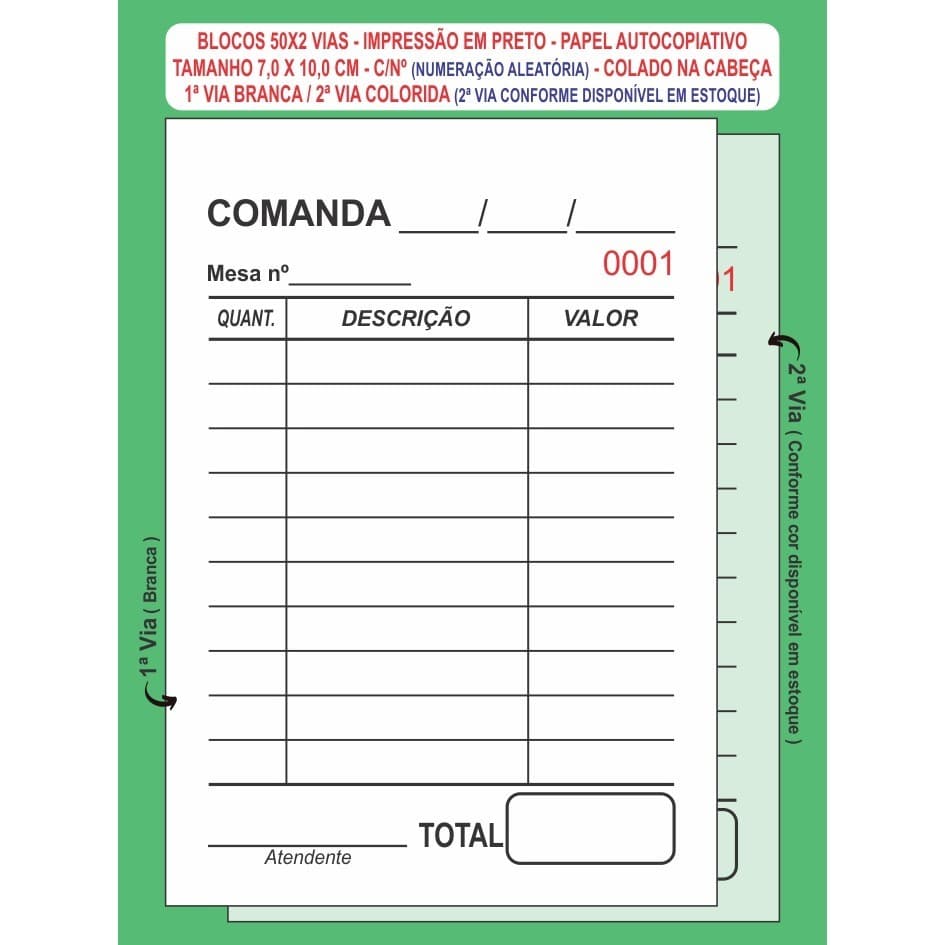 20 Blocos 50x2 De Comanda Mod Mesa C/n Pap Autocopiativo