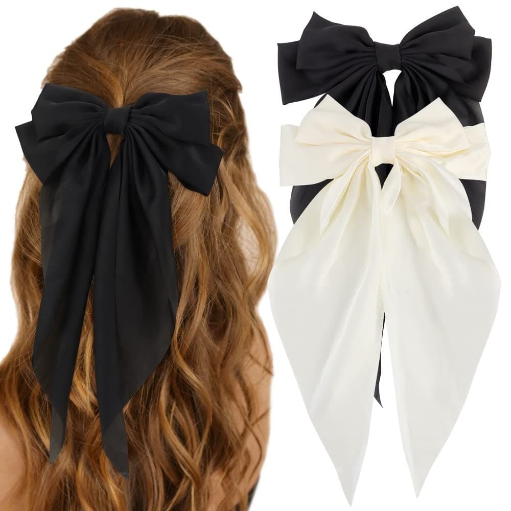 Grandes Arcos De Cabelo De Cetim Sedoso Para Meninas Fitas Feminino Cauda Comprida De Tamanho Superior Laço Branco Preto Grande Barrettes Clipes De Metal Estético Acessórios