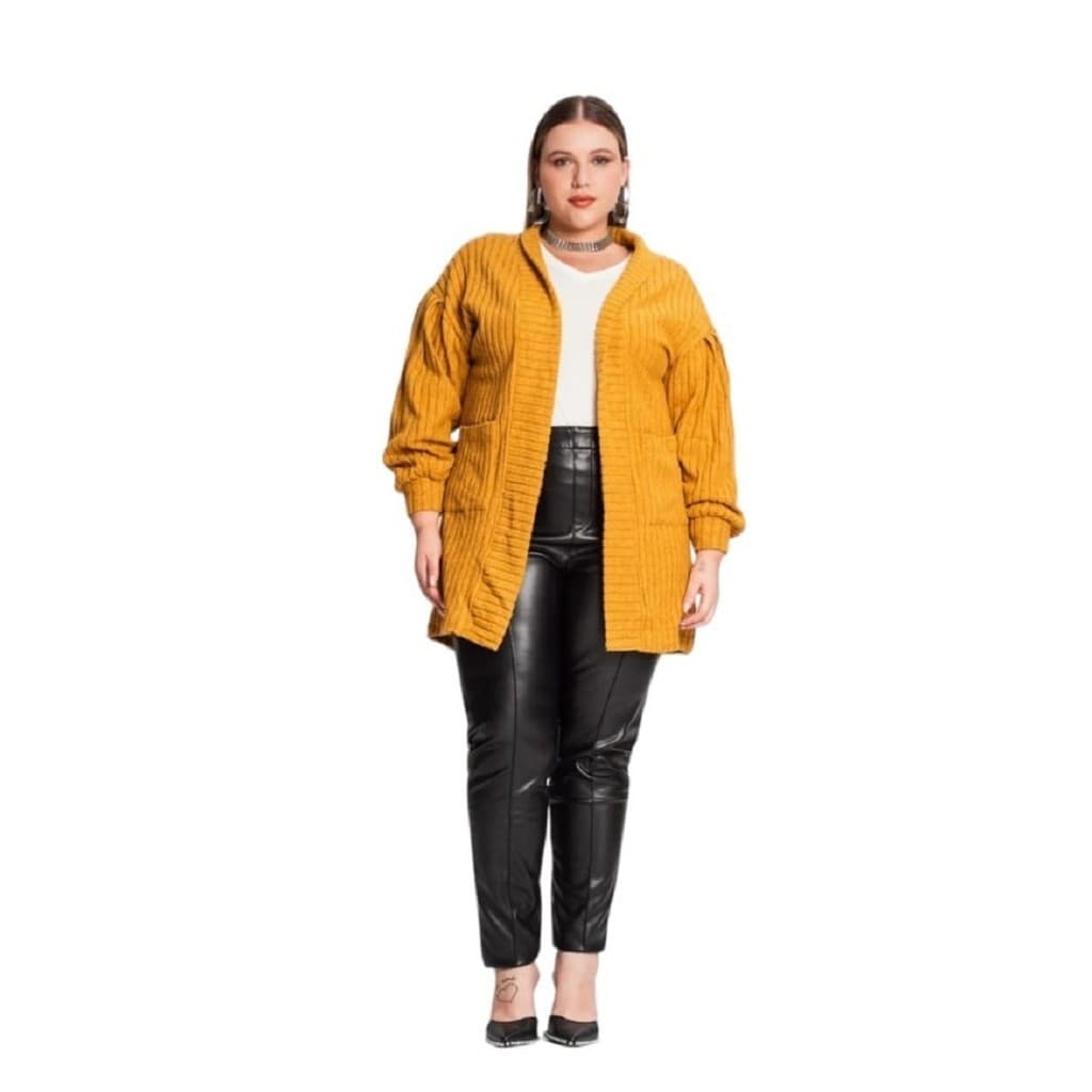 Cardigan Tricot Canelado Com Bolsos Plus Size