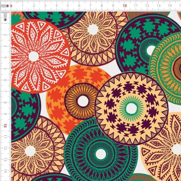 Tecido Sarja Estampada Impermeável Mandalas Coloridas Fundo Branco  (0,50 x 1,50 mts)