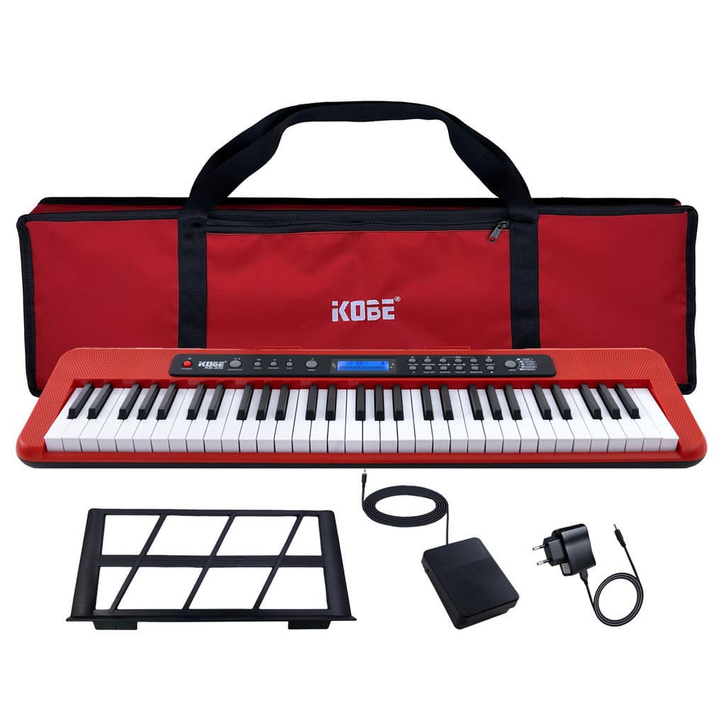 Kit Teclado Musical Kobe KB-300 5/8 61 Teclas Sensitivas ao Toque com Pedal Sustain e Capa Vermelha