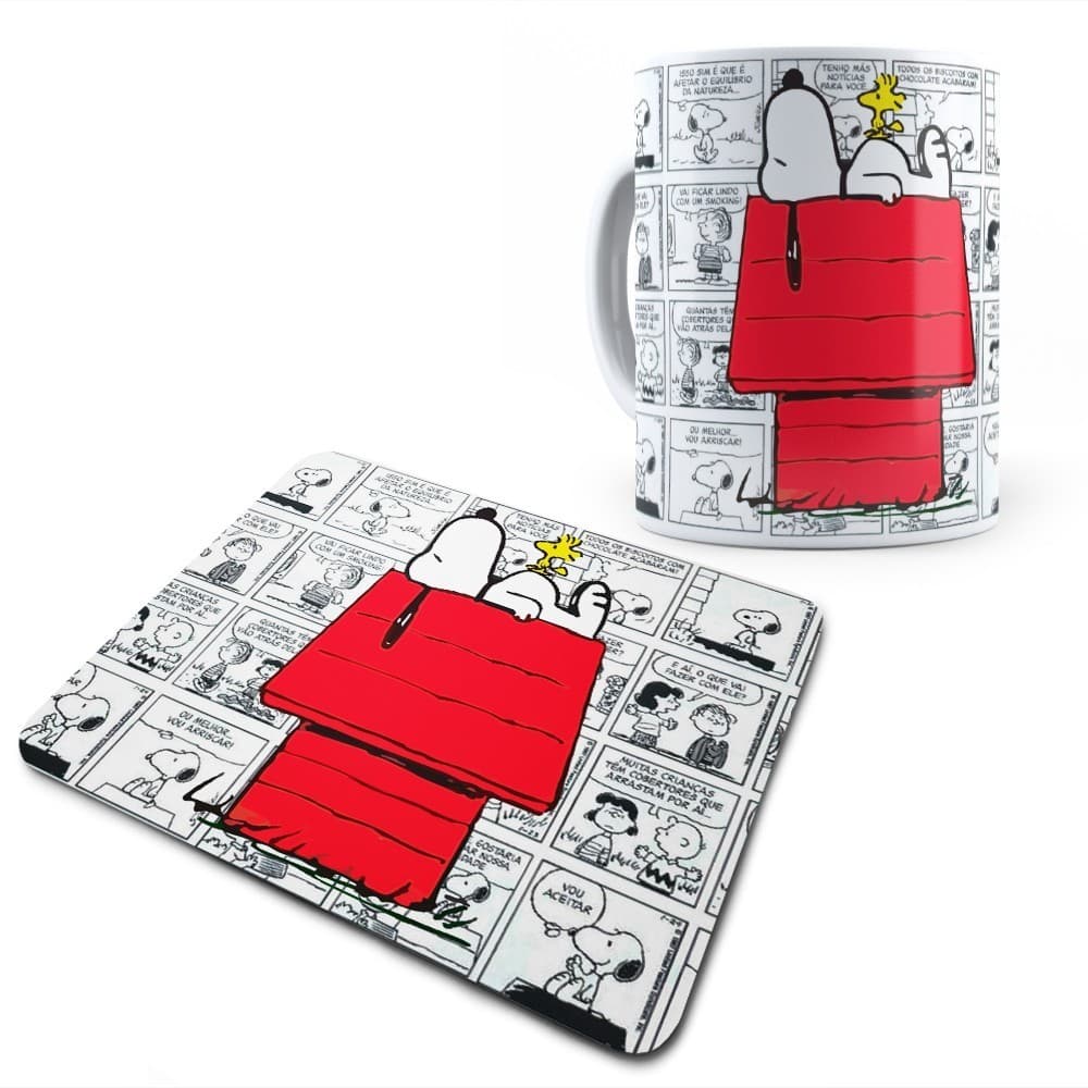 Kit Mouse Pad e Caneca Cerâmica Sublimação Snoopy Dormindo Casinha LC