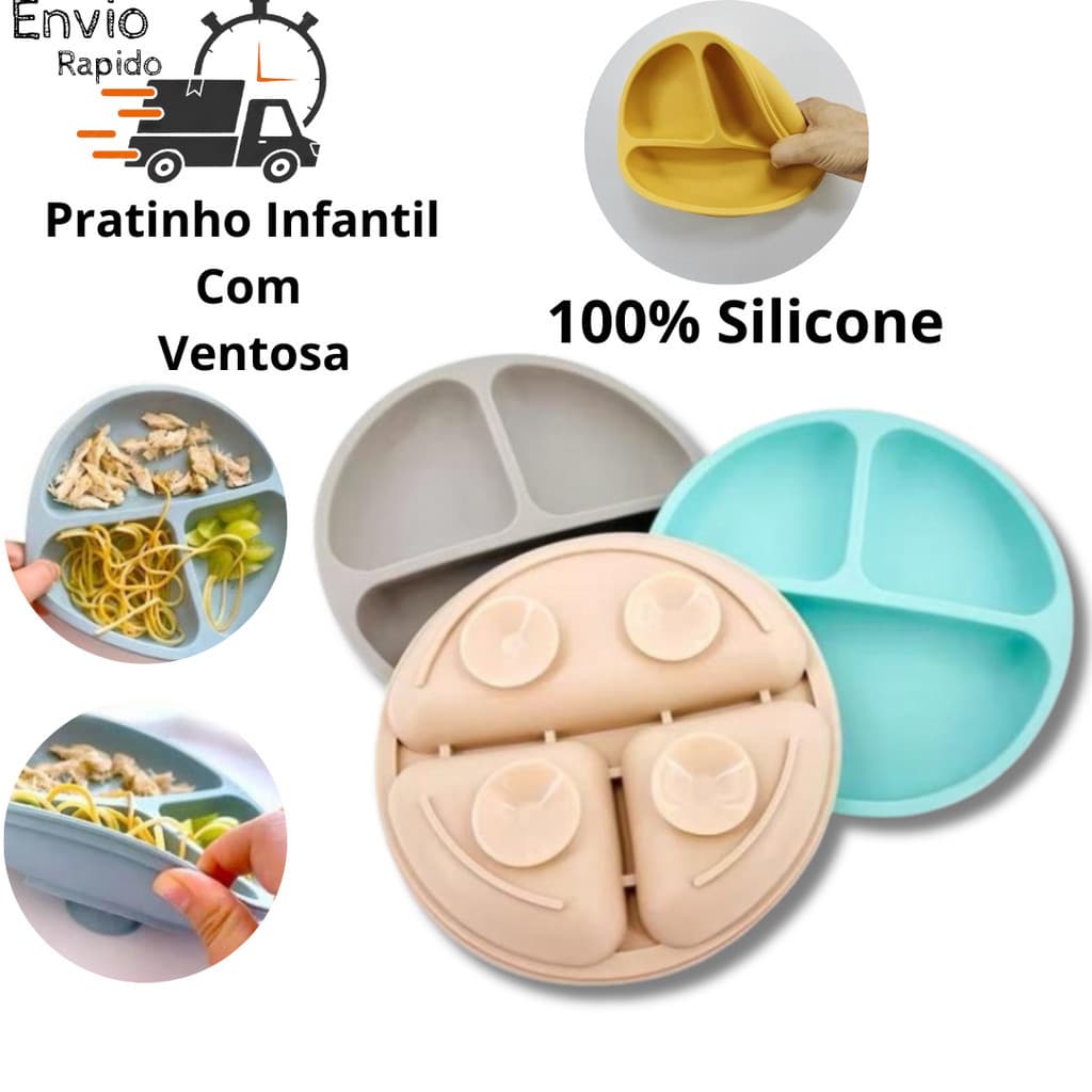 Prato infantil com ventosa silicone introduçao alimentar prato interativo de bebe com divisorias criança