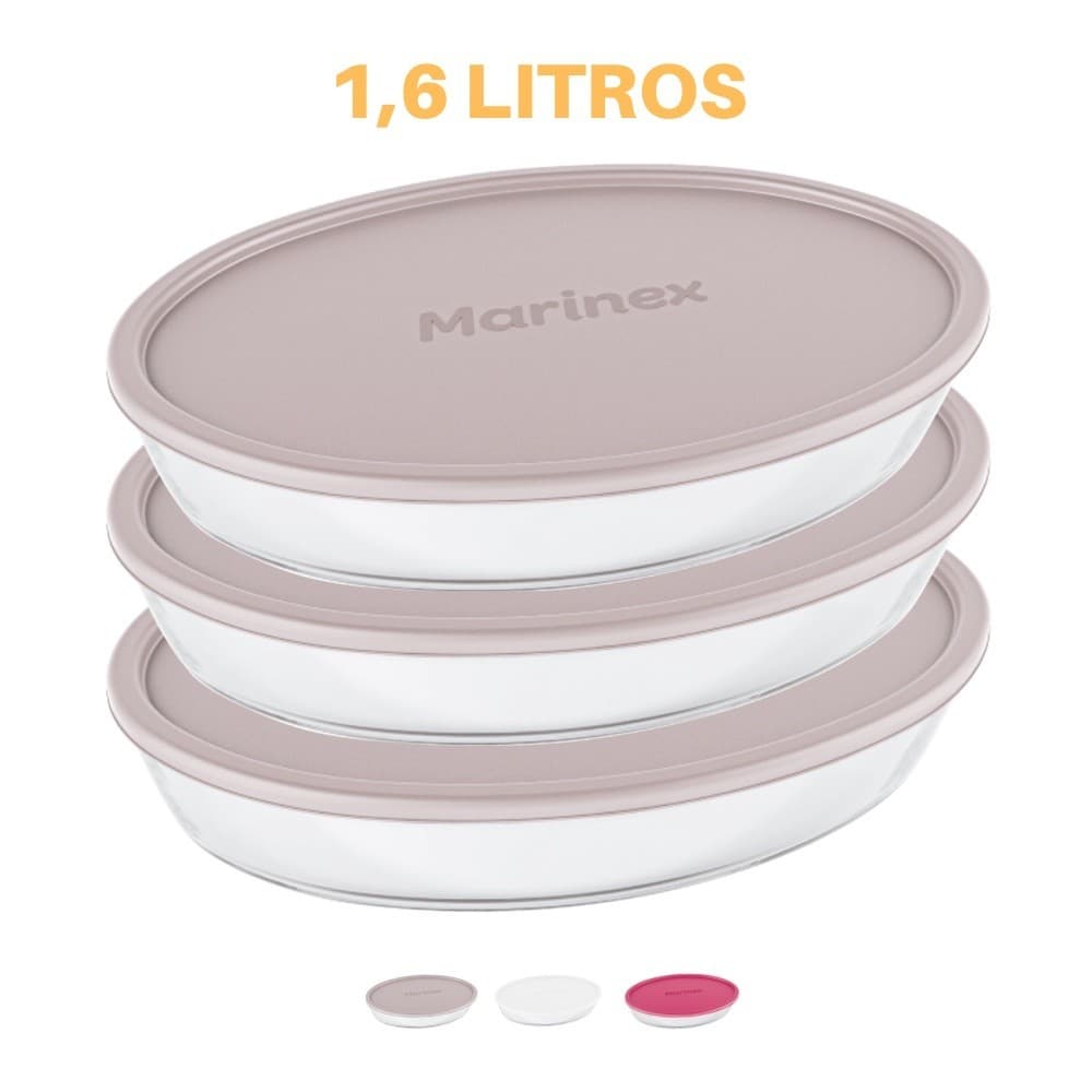 3 Assadeiras Oval Vidro Com Tampa 1,6L Refratário Marinex