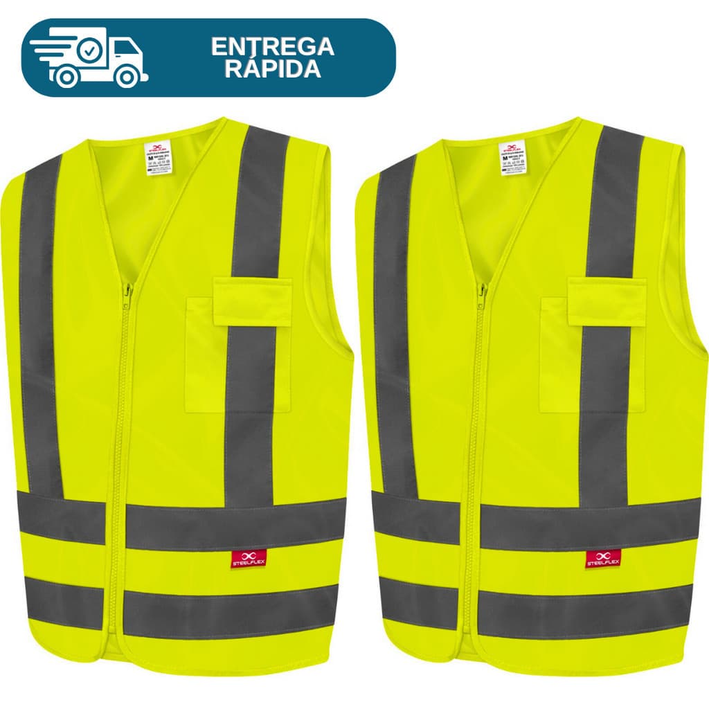 Kit 2 Colete De Sinalização Refletivo Com 1 Bolso Fechamento Em Zíper Tipo Blusão Obras Rodovias