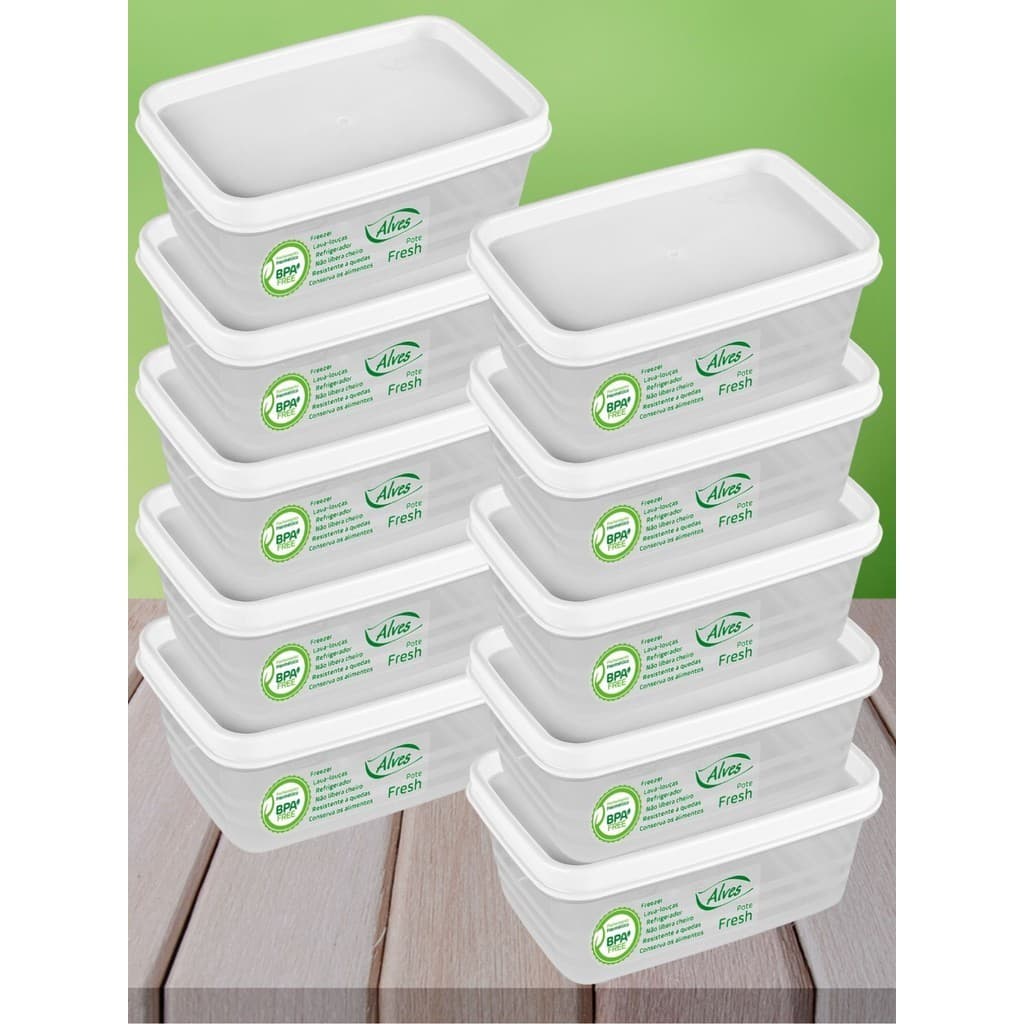 Kit 10 Potes Herméticos 250ml Tampa Branca 11cm Empilhável Lava-Louça Tampa Trava Vedação Conserva Mantimento Frutas