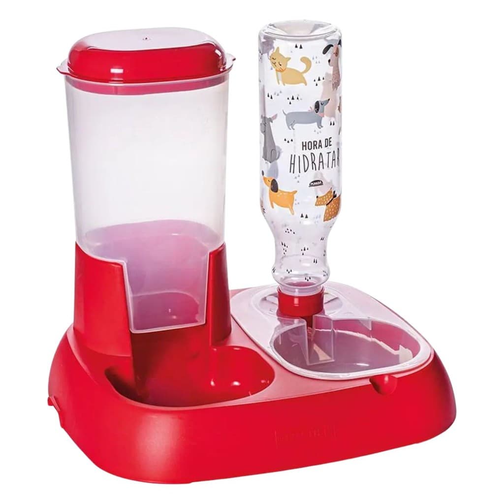 Comedouro e Bebedouro Pet Automático Pote Porta Ração Cachorro Bebedouro 1 Litro Vermelho Plasútil