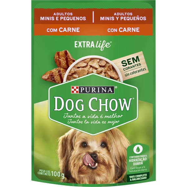 Ração Úmida Dog Chow Adultos - Raças Mini e Pequenas - Sabor Carne - Sachê 100g - Caixa Fechada com 15 Unidades.