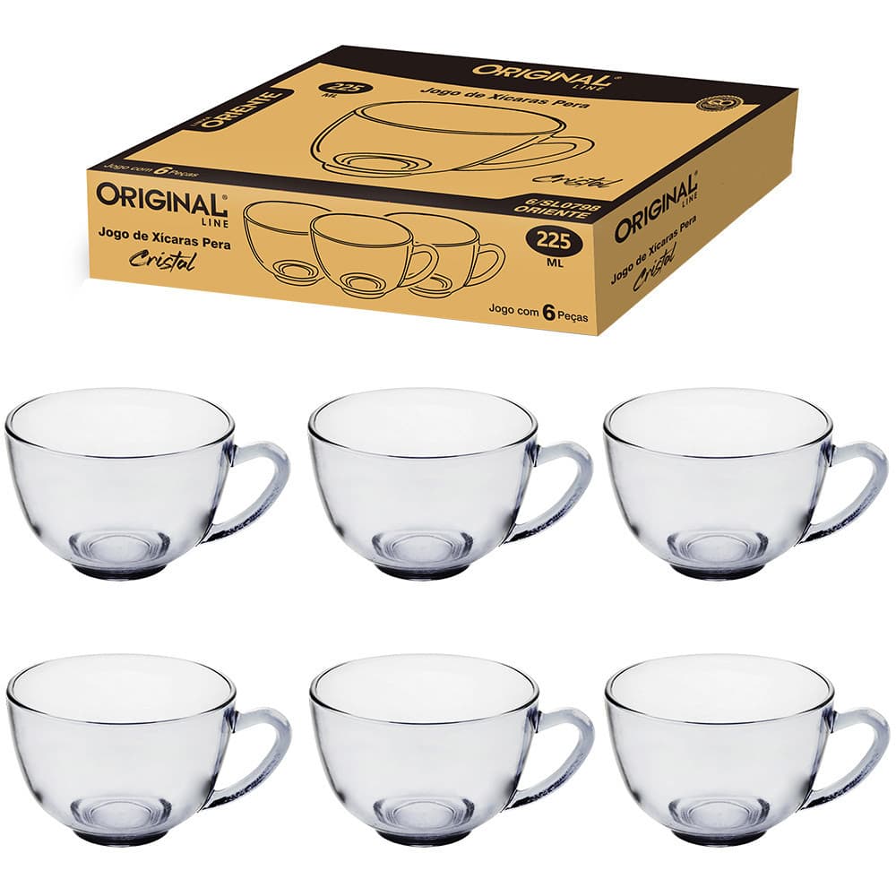 JOGO 6 XICARAS CHA CAFE VIDRO 225 ML CRISTAL PERA