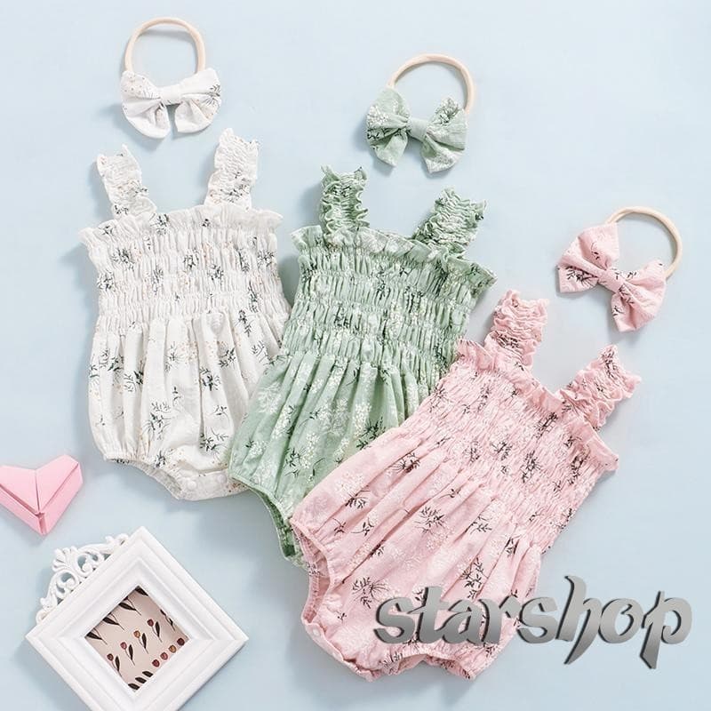 Starshop-Baby Girl's Sleeveveless Jumpsuit Floral Impressão Cintas Elásticas De Ombro Romper Fita De Cabeça De Arco