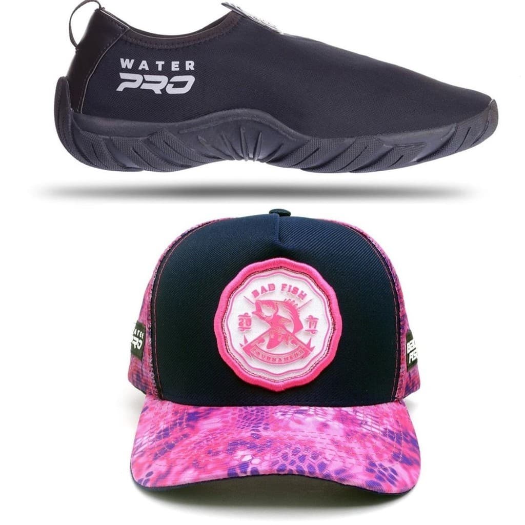 Kit Pescaria Boné com Sapatilha Preta Bad Fish azul Marinho  e Rosa