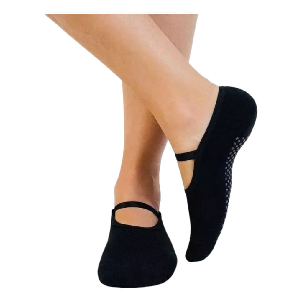 1 Par Meia Sapatilha Antiderrapante Pilates Yoga Feminina Preta com Faixa