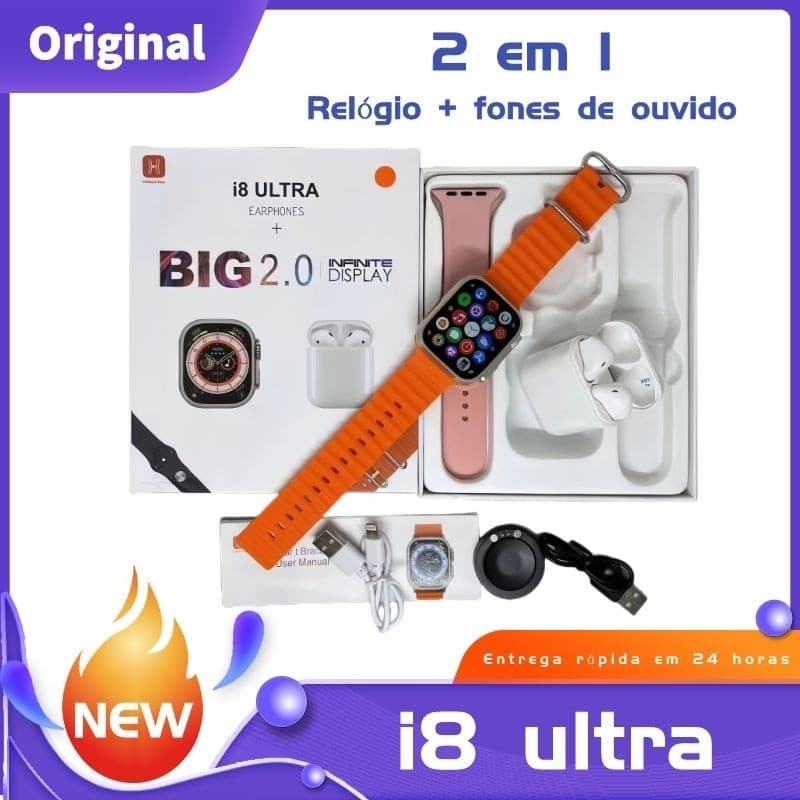 Relógio i8 Ultra c/ Fone Bluetooth - Tela Grande 2 Polegadas