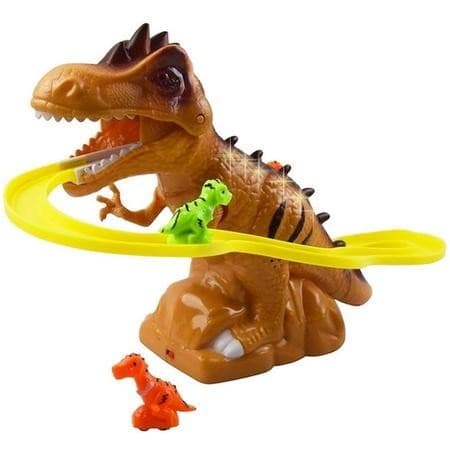 Brinquedo pista de dinossauro com escorregador para dinossauros com luz e som