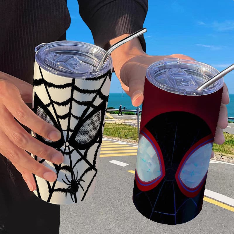 Copo térmico do Homem-Aranha com canudo, copo casual para café, copo térmico portátil de aço inoxidável com canudo.