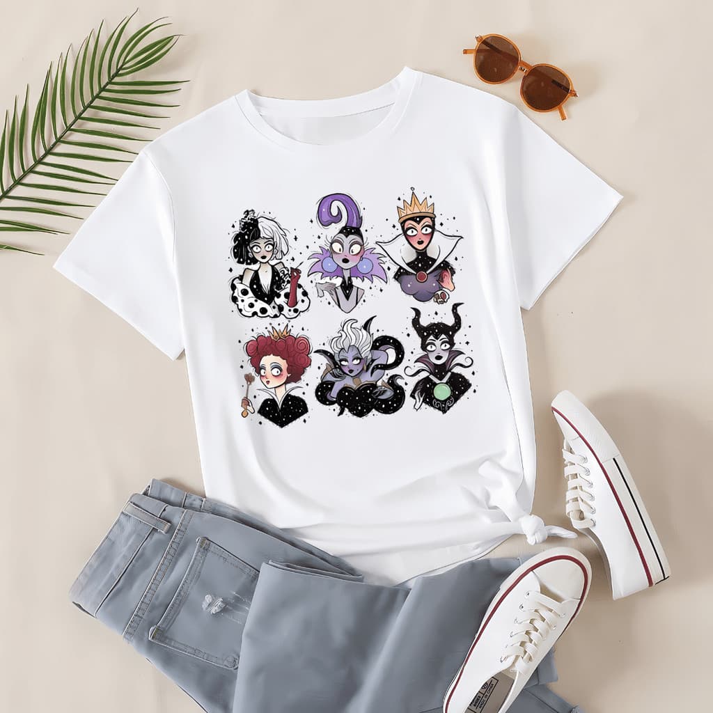Blusa Feminina Vilãs da Disney Manga Curta Basica Estampada Desenho