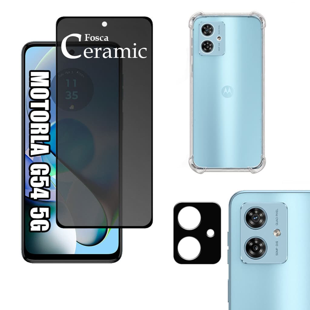 KIT Para Motorola G54 5G | Película Privacidade Fosca 9D - Capa Anti Impacto - Película da Câmera 3D
