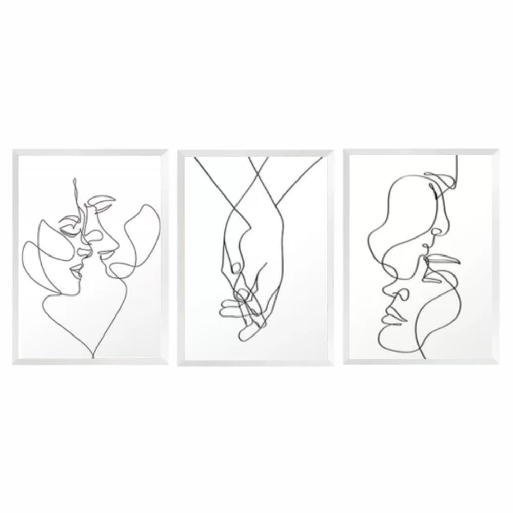 Trio de Quadros Decorativos Casal Quarto Moldura Branca