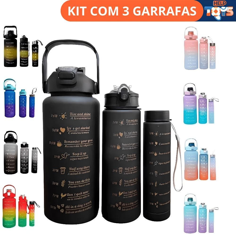 Kit 3 Garrafas de Água Squeeze CORES SORTIDAS + ADESIVOS | Para Academia Escola Faculdade Trabalho