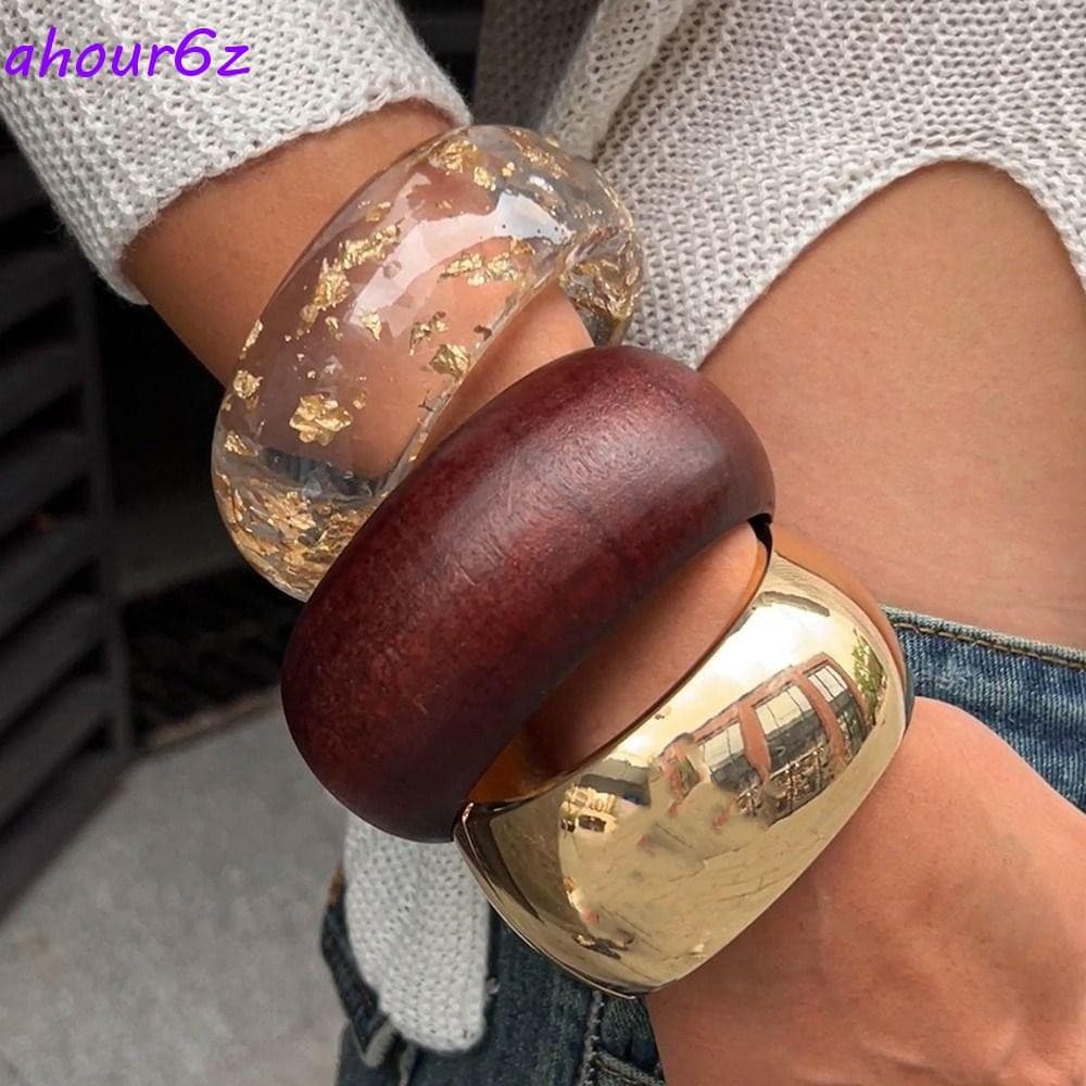 Pulseiras Exageradas De Resina AHOURZ , Grossas Vintage Geométricas Femininas , Anel De Mão Transparente