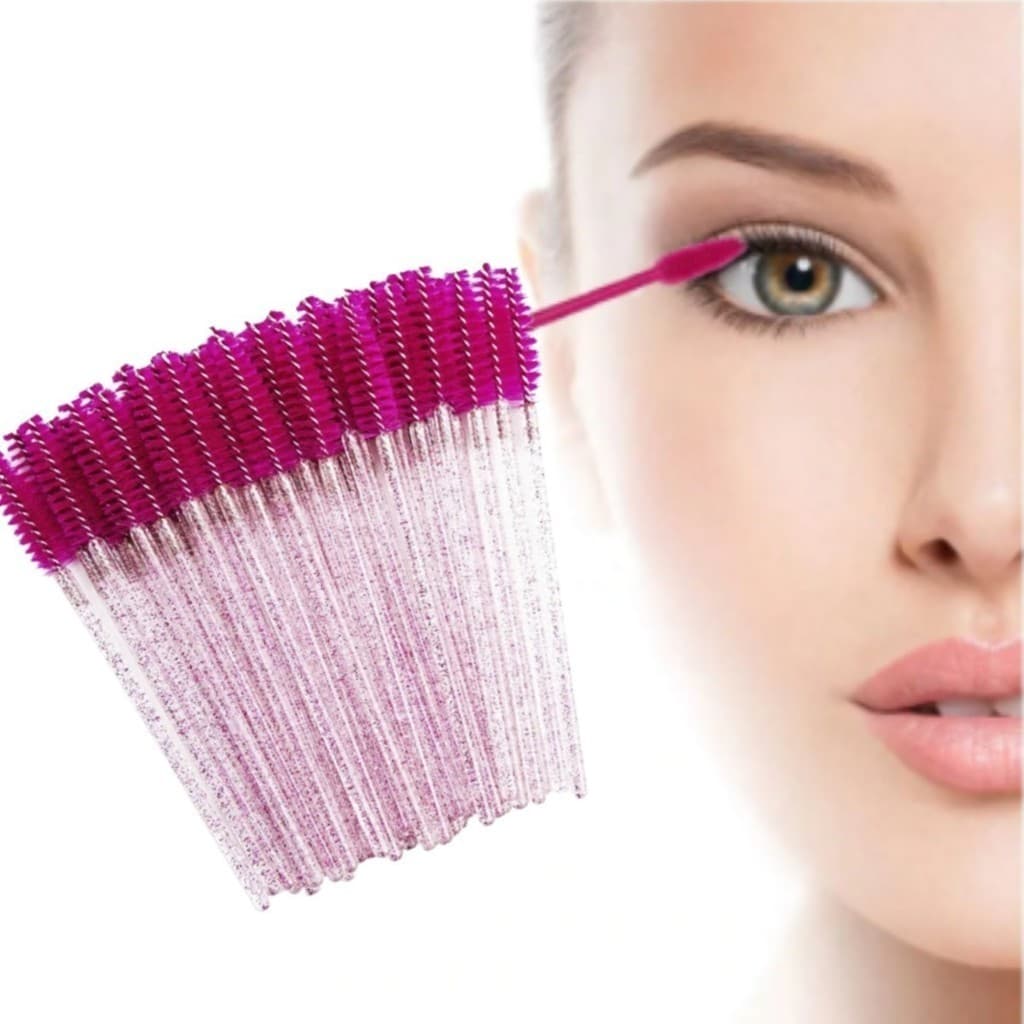 KIT 100 Escovinhas Cilios Sobrancelha Extensão Descartáveis (Pink com brilho)