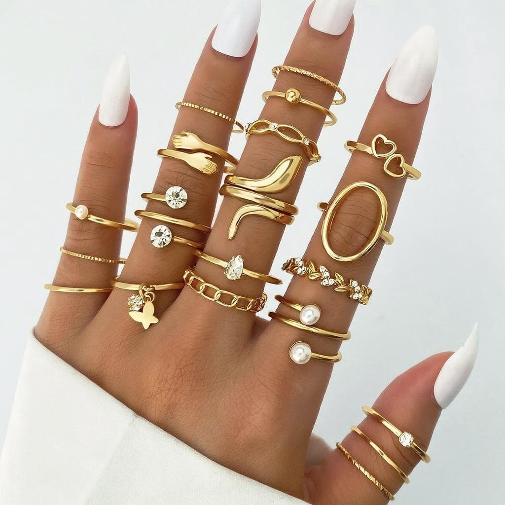 Anéis Vintage Dourados - Kit com Pérola e Cristais - Acessório para Look Boho e Festivo