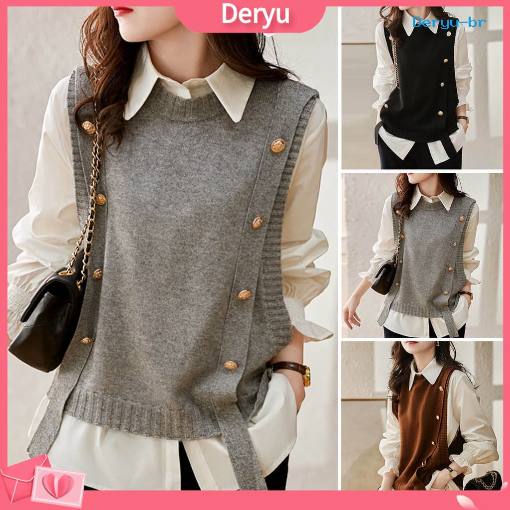 [deryu] Colete Feminino De Malha De Cor Sólida Com Pescoço Redondo Moda Macia Sem Mangas Lady Tank Top Para O Inverno De Outono