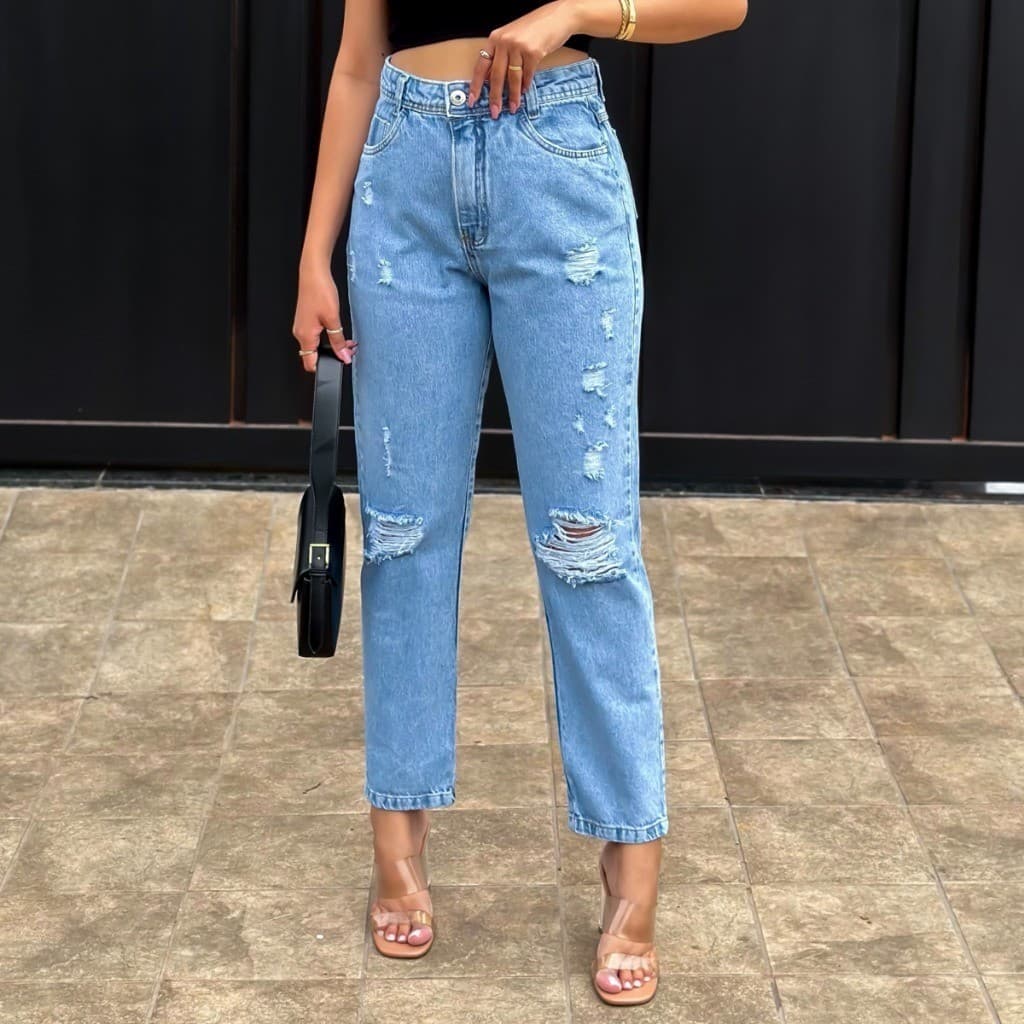 Coolestfeminina 8122 Calça Jeans Feminina  Mom Calca  Jeans rasgados  8122
