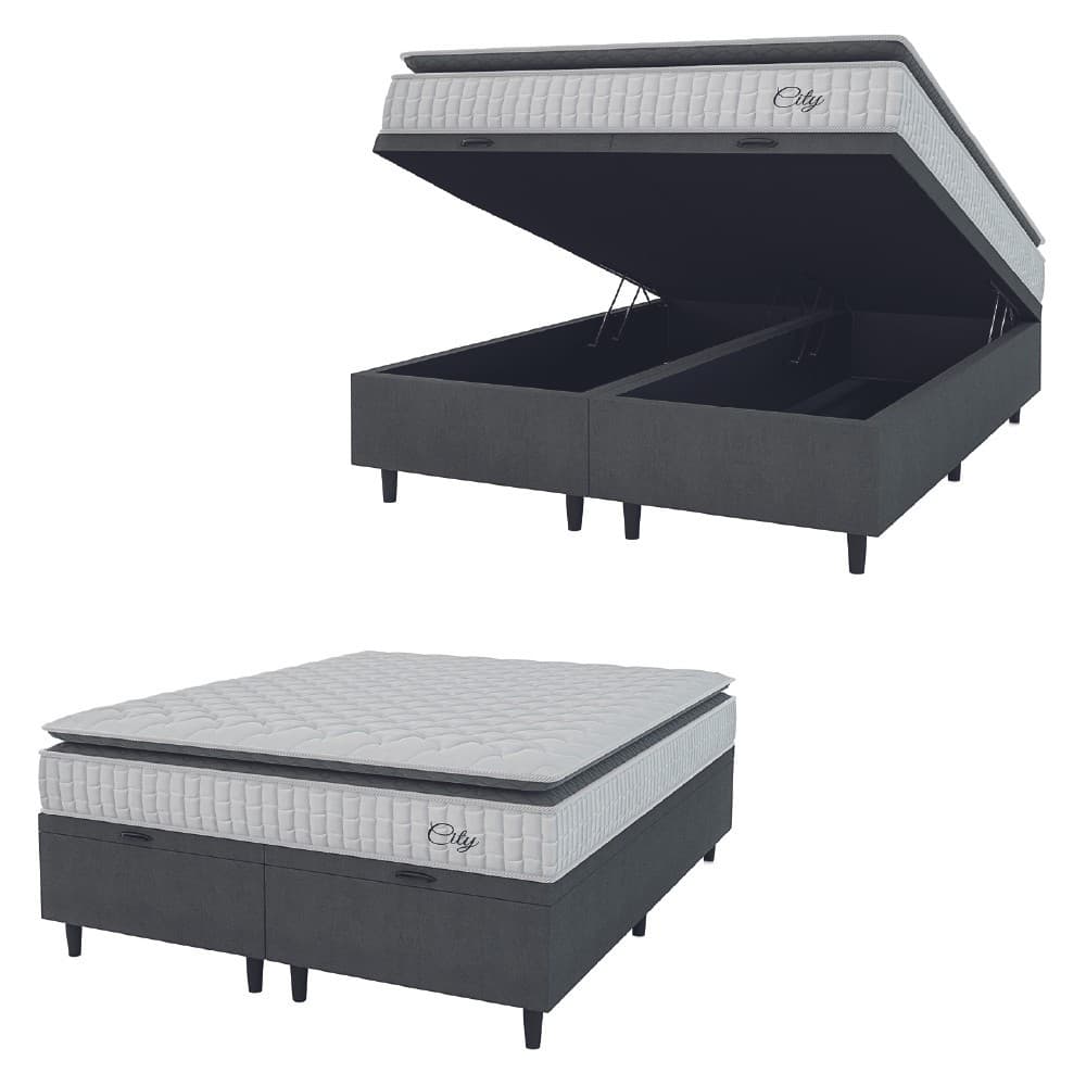 Cama Box Baú Colchão Casal Queen Molas Ensacadas City Pillow Top 158x198x64cm Branco / Cinza Hellen